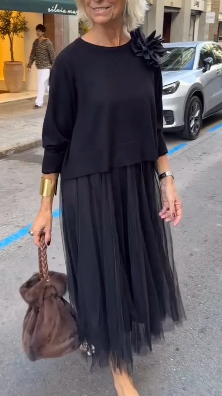 Efrata - Enchanting Satin Dress with Knit Sweater