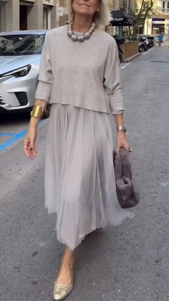 Efrata - Enchanting Satin Dress with Knit Sweater