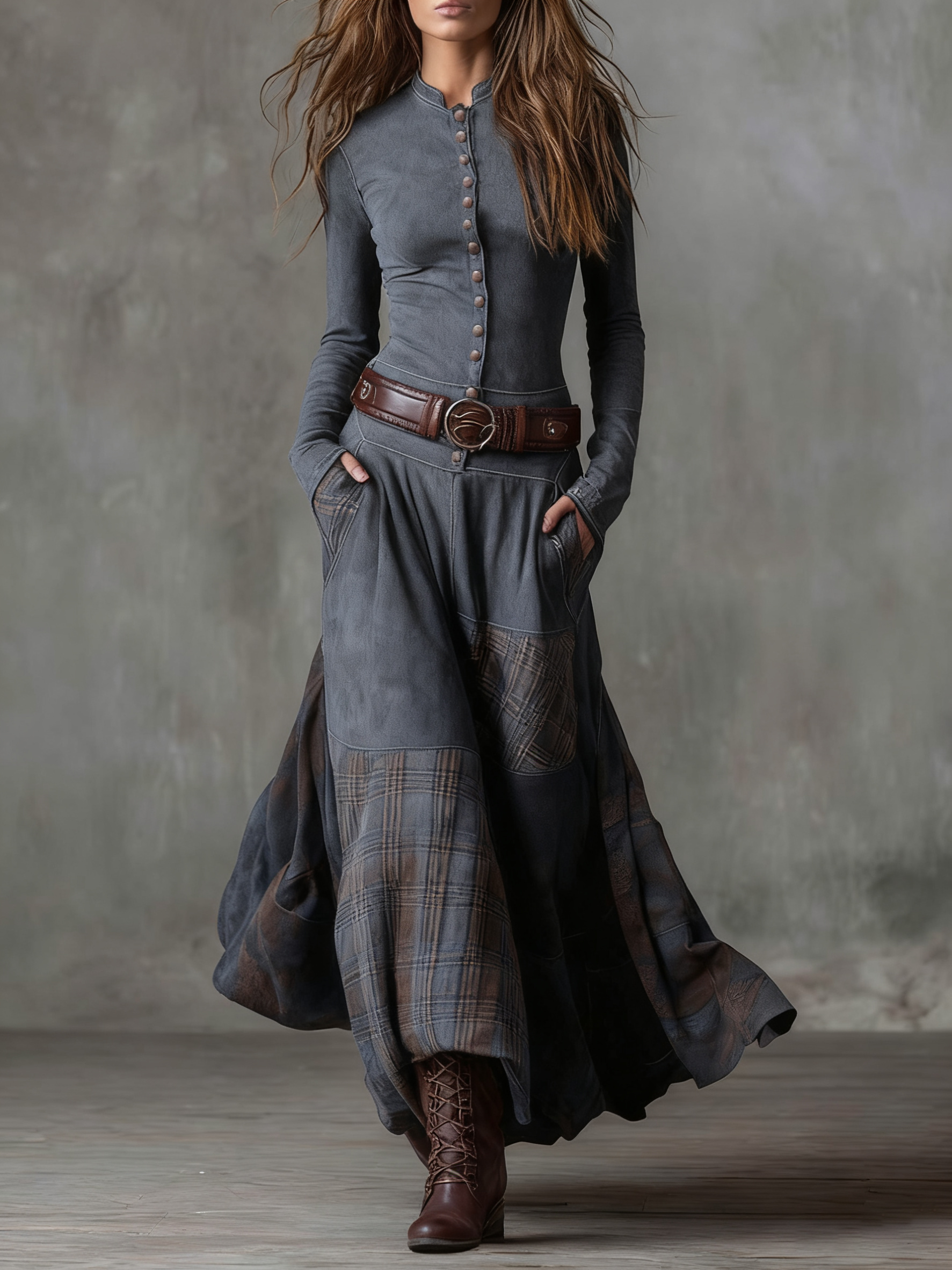 Eleza – Maxi Dress in Checked Suede with Belt