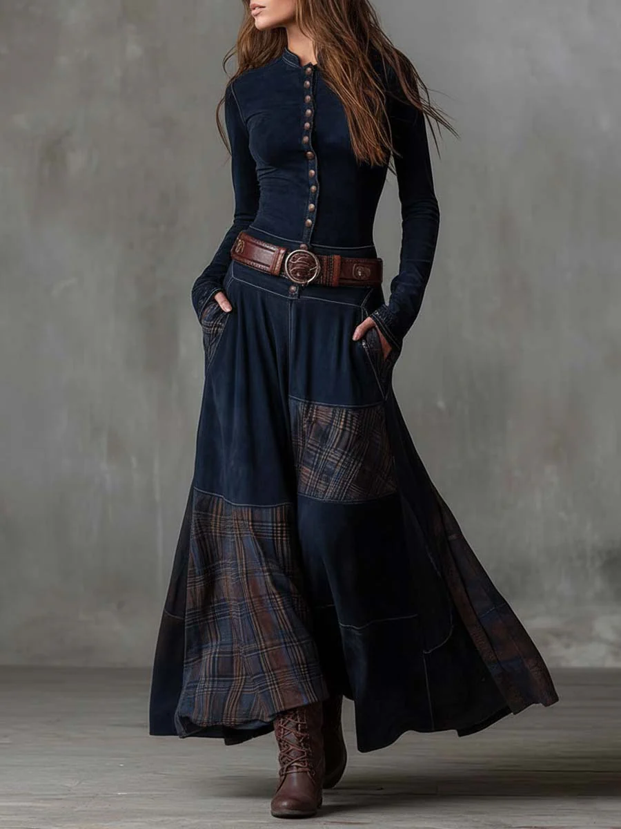 Eleza – Maxi Dress in Checked Suede with Belt