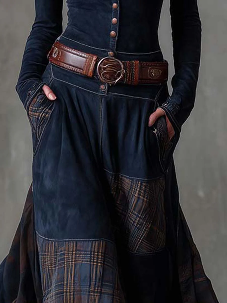 Eleza – Maxi Dress in Checked Suede with Belt