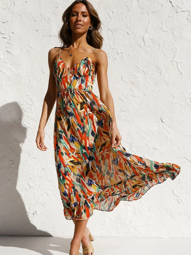 Emmeline – Floral Pattern and Straps Long Dress