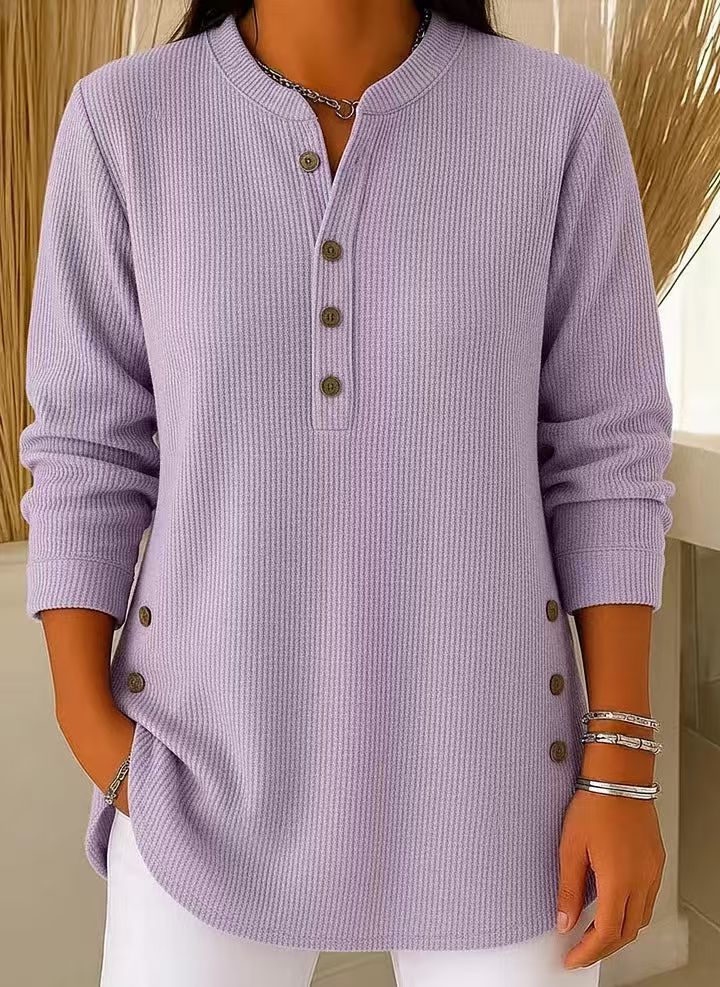 Eshani - Casual Ribbed Long Sleeve Henley Top with Button Placket