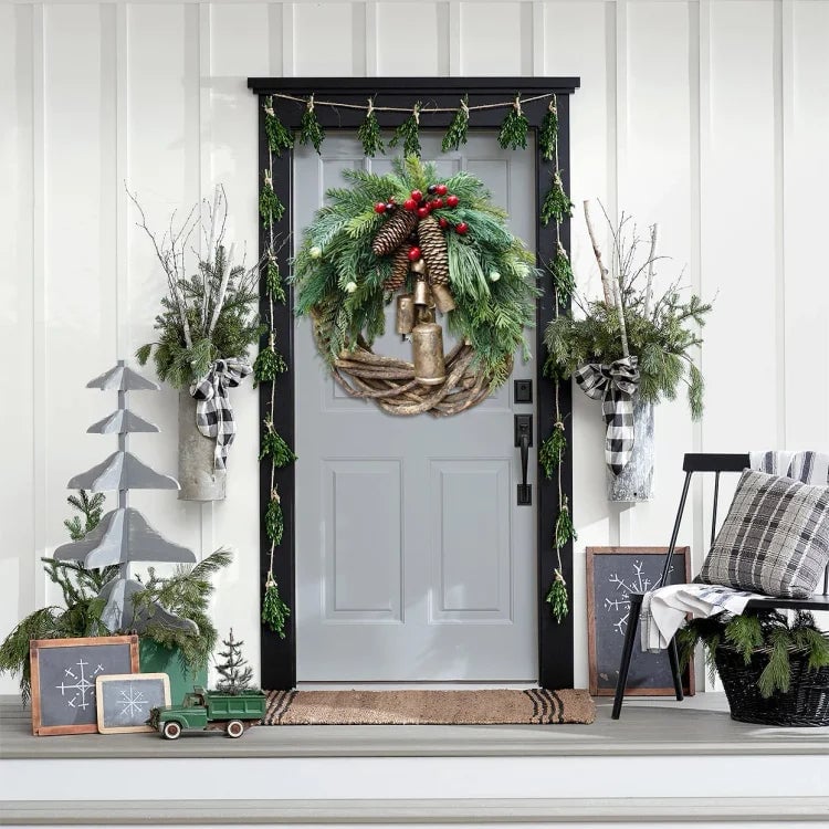 FestiveNest – Christmas Pine Cone Bell Rattan Wreath