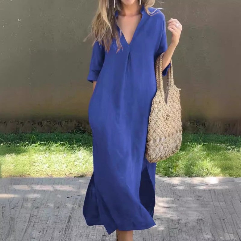 Fionja - Linen Casual Dress with V-Neck