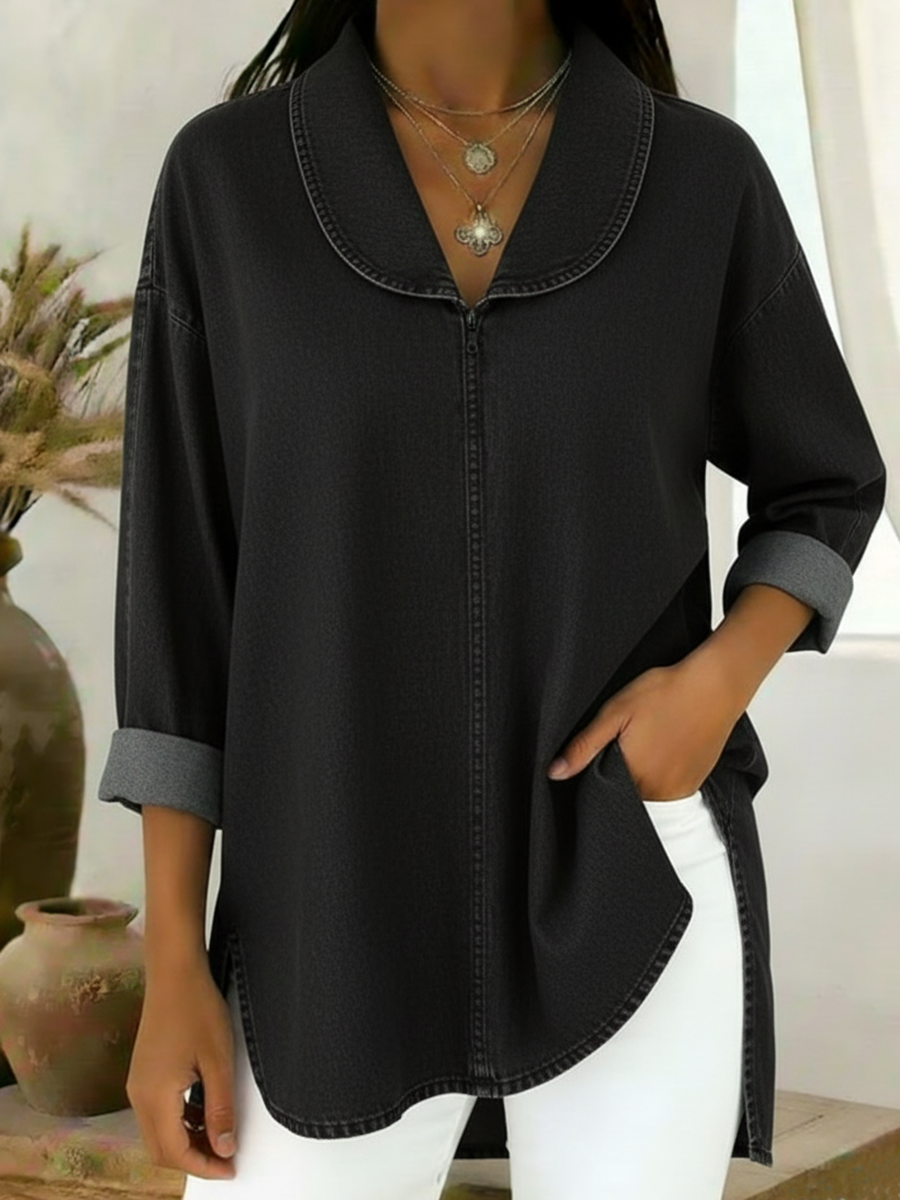 Gaetanaa – Retro Jeans Blouse with Shawl Collar