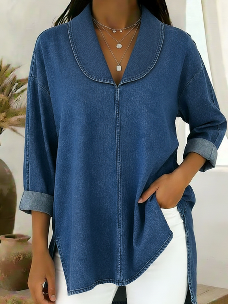 Gaetanaa – Retro Jeans Blouse with Shawl Collar