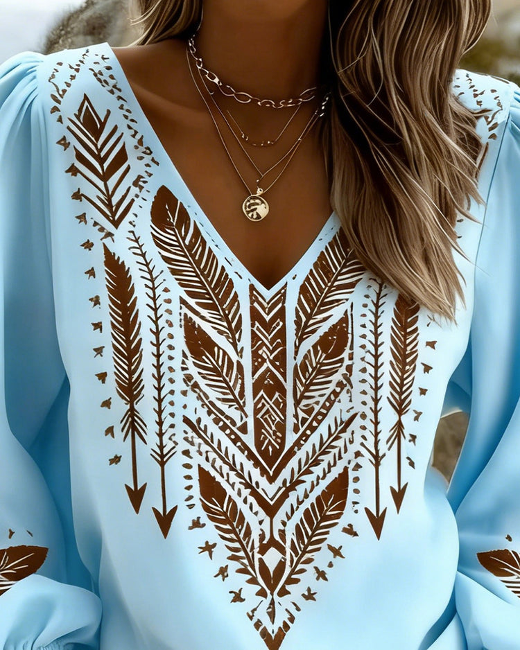 Grazina - Loose Puff Sleeve Blouse with V-Neck