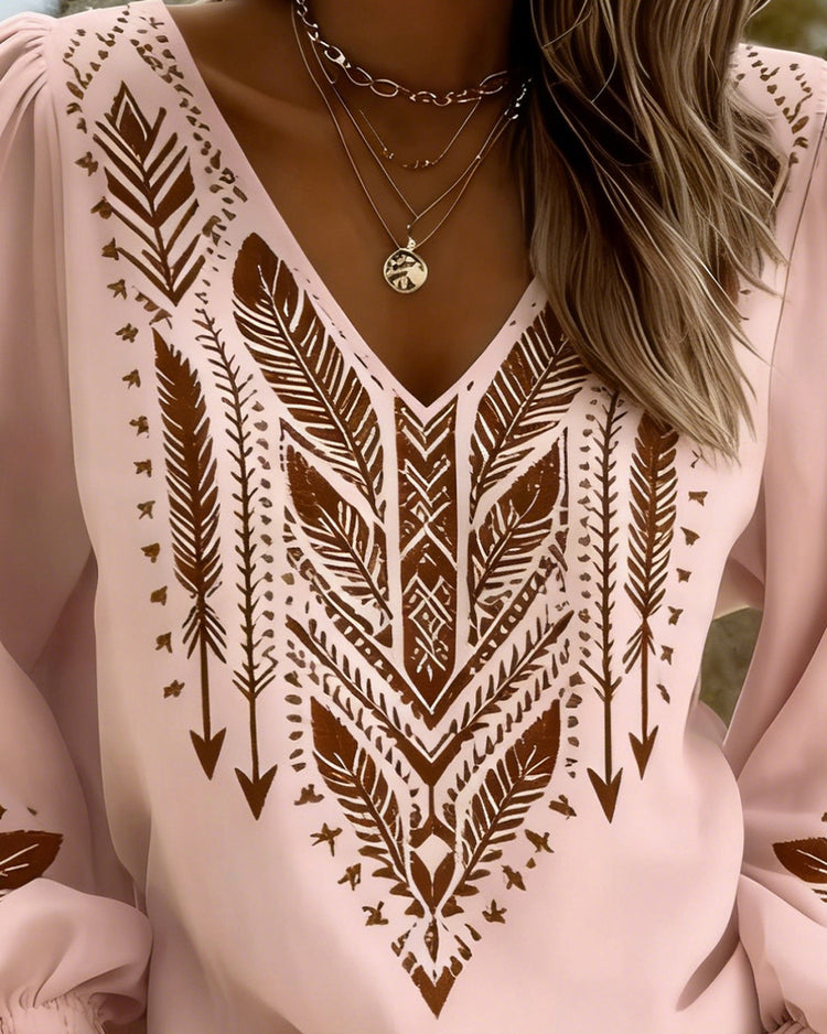 Grazina - Loose Puff Sleeve Blouse with V-Neck
