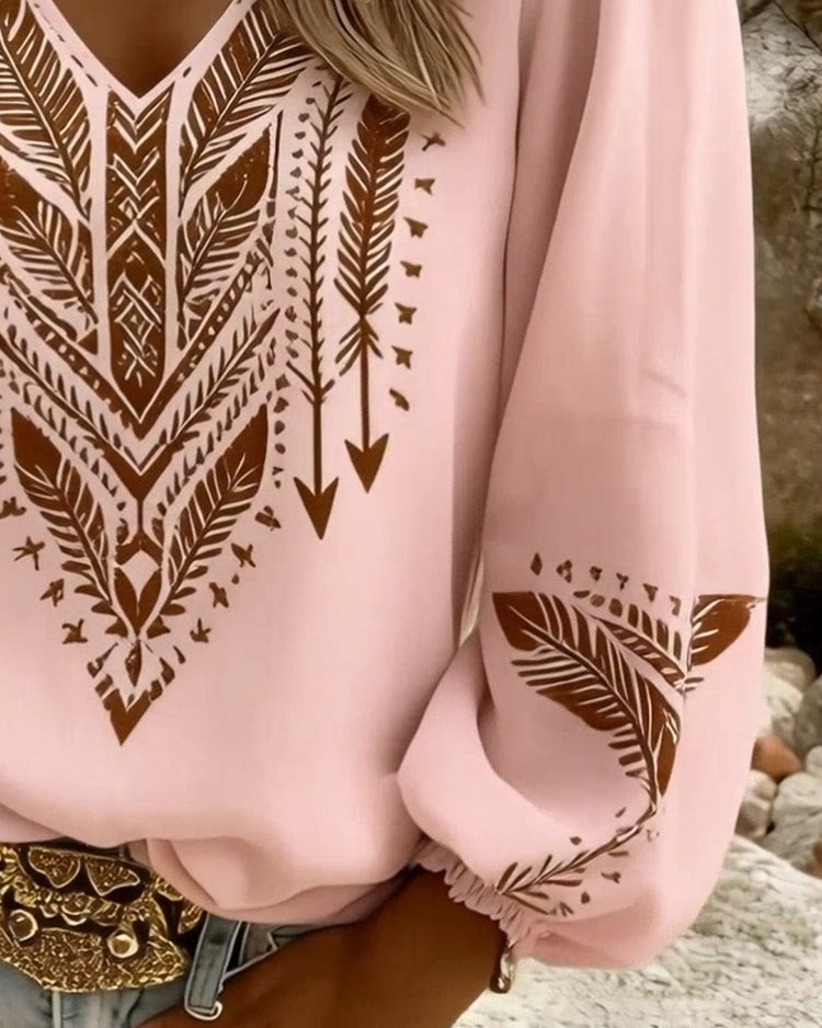 Grazina - Loose Puff Sleeve Blouse with V-Neck