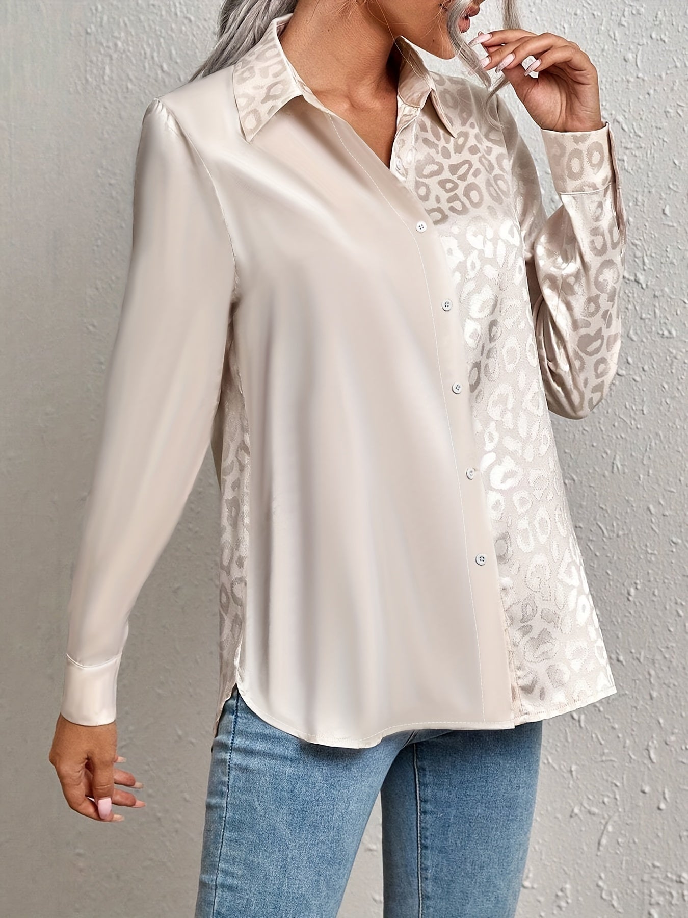 Gwendolyn – Two-Toned Satin Shirt with Leopard Print and Jacquard Button Placket