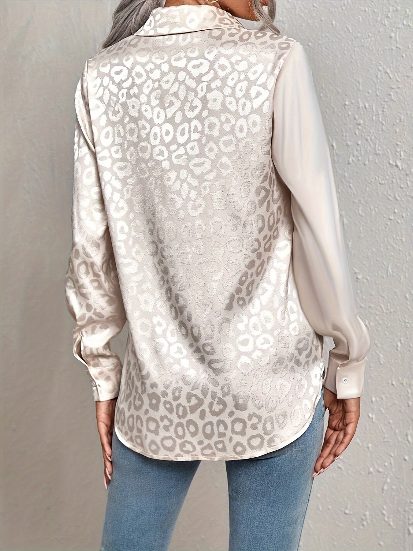 Gwendolyn – Two-Toned Satin Shirt with Leopard Print and Jacquard Button Placket