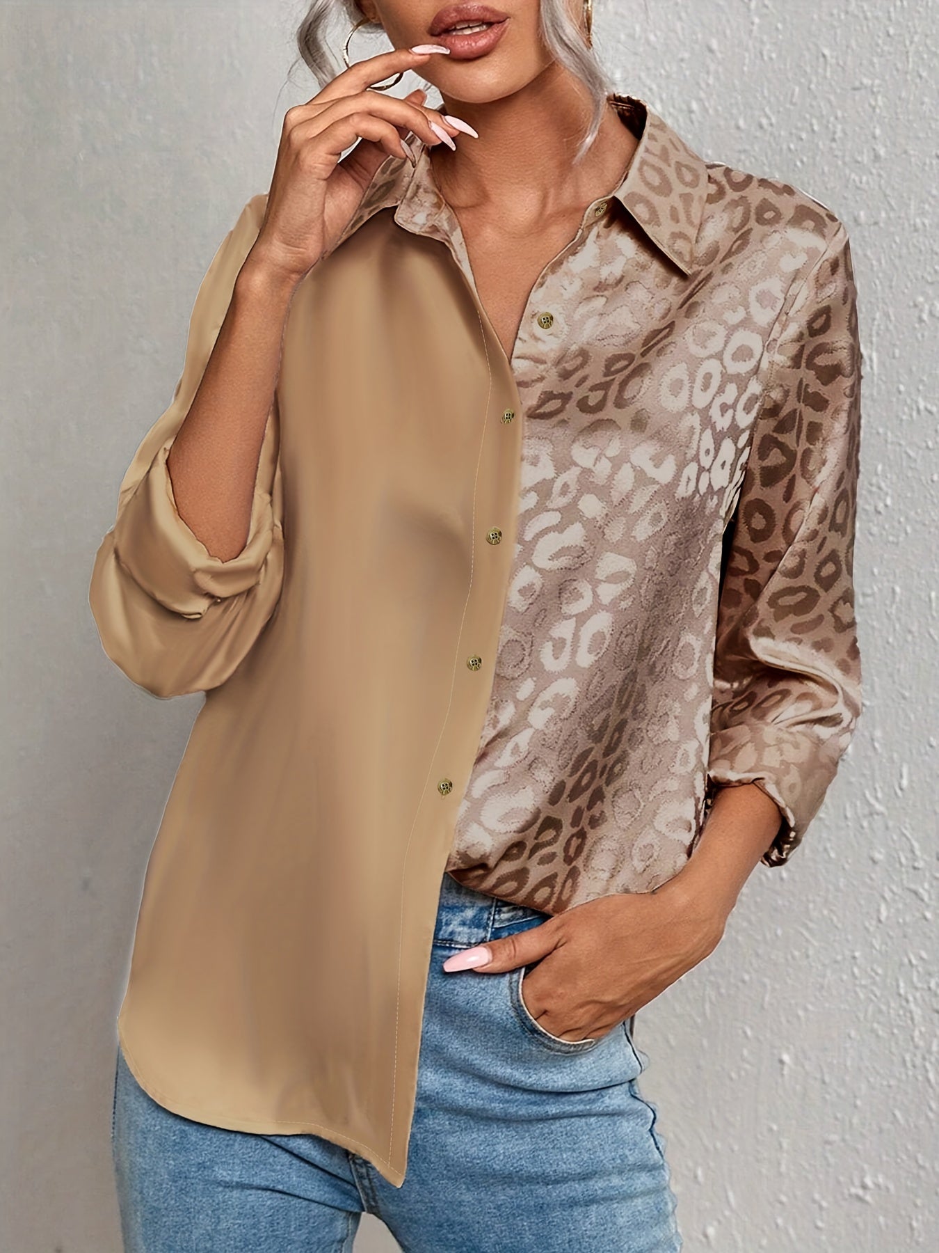 Gwendolyn – Two-Toned Satin Shirt with Leopard Print and Jacquard Button Placket