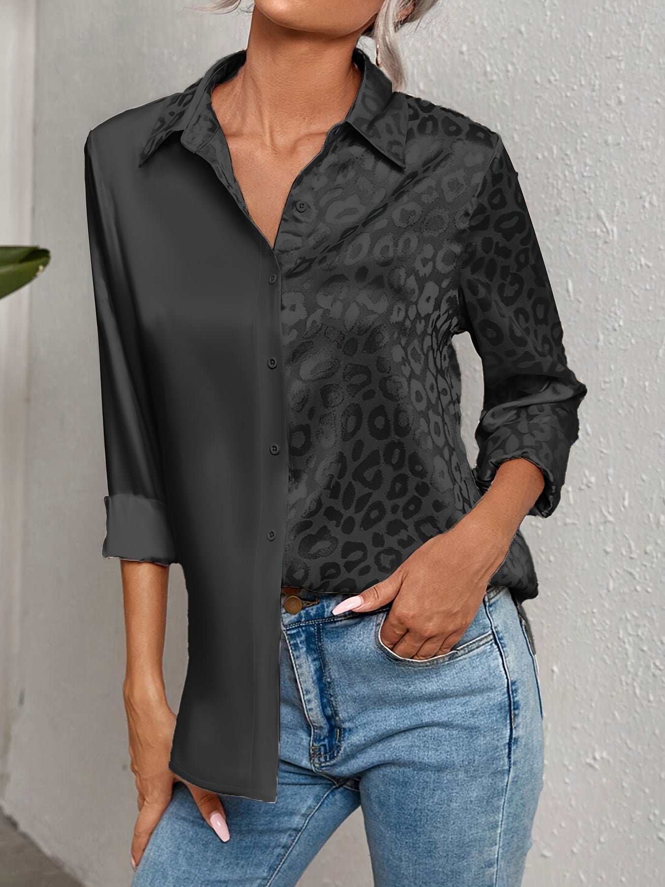 Gwendolyn – Two-Toned Satin Shirt with Leopard Print and Jacquard Button Placket