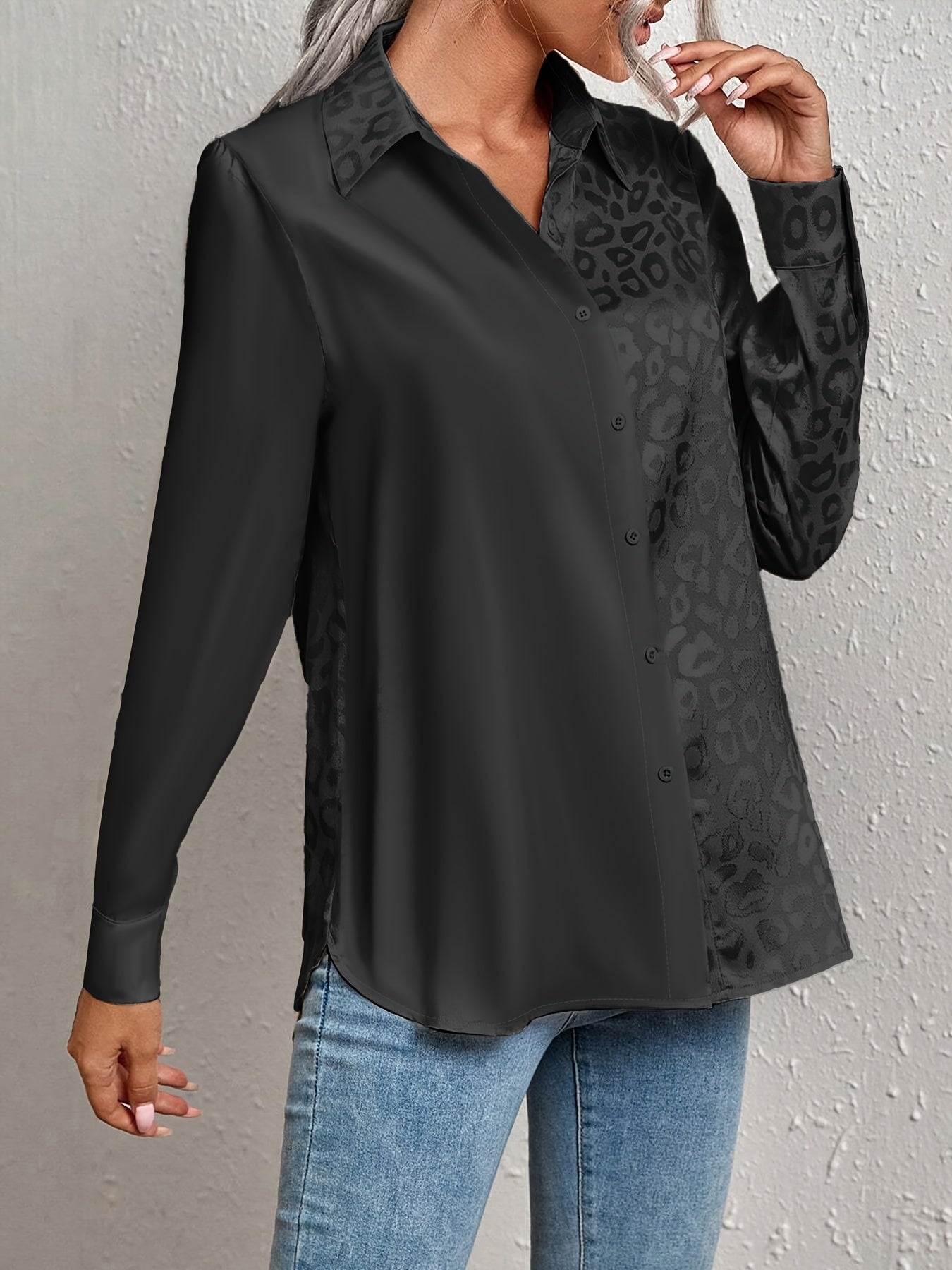 Gwendolyn – Two-Toned Satin Shirt with Leopard Print and Jacquard Button Placket