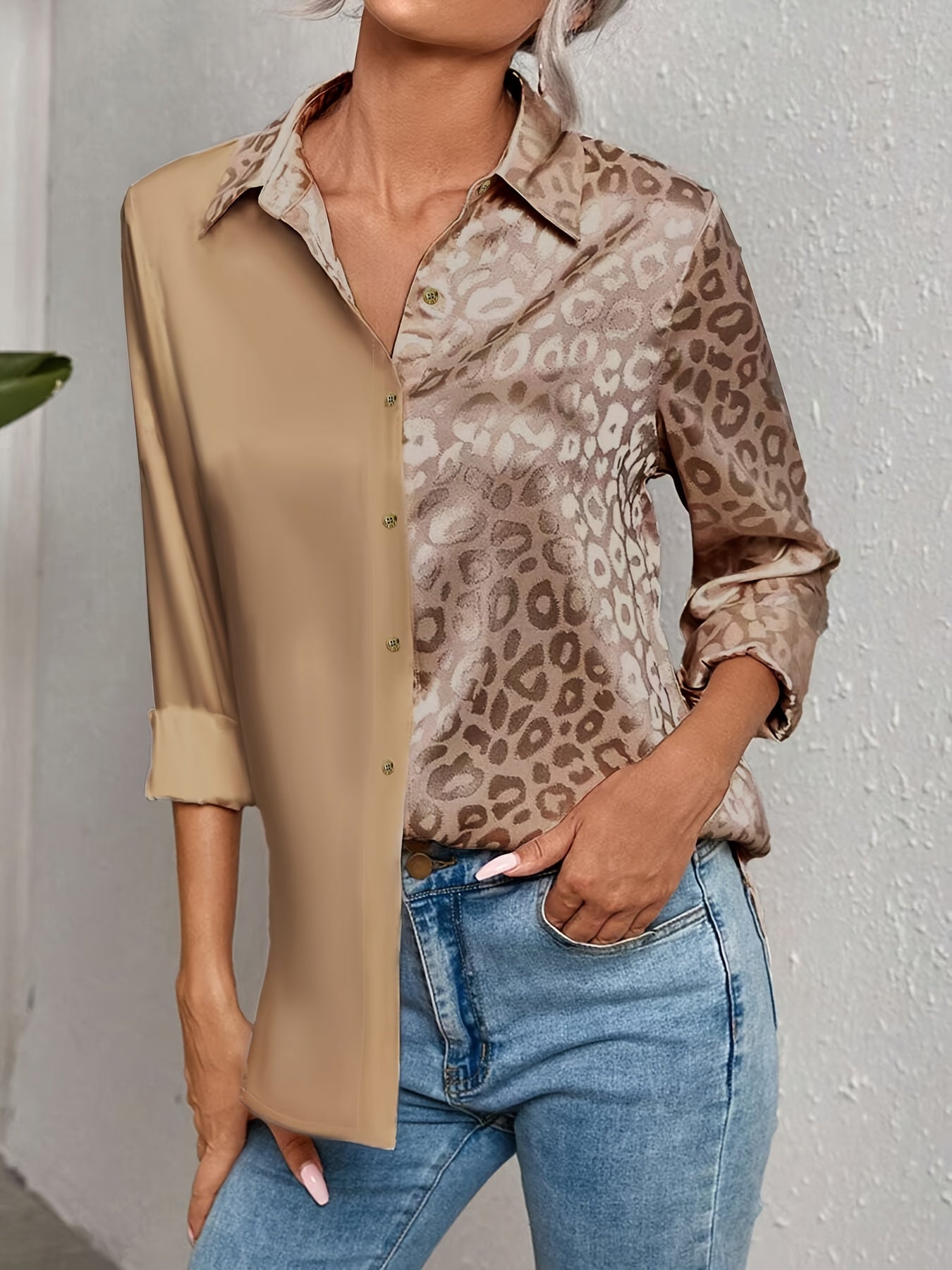 Gwendolyn – Two-Toned Satin Shirt with Leopard Print and Jacquard Button Placket