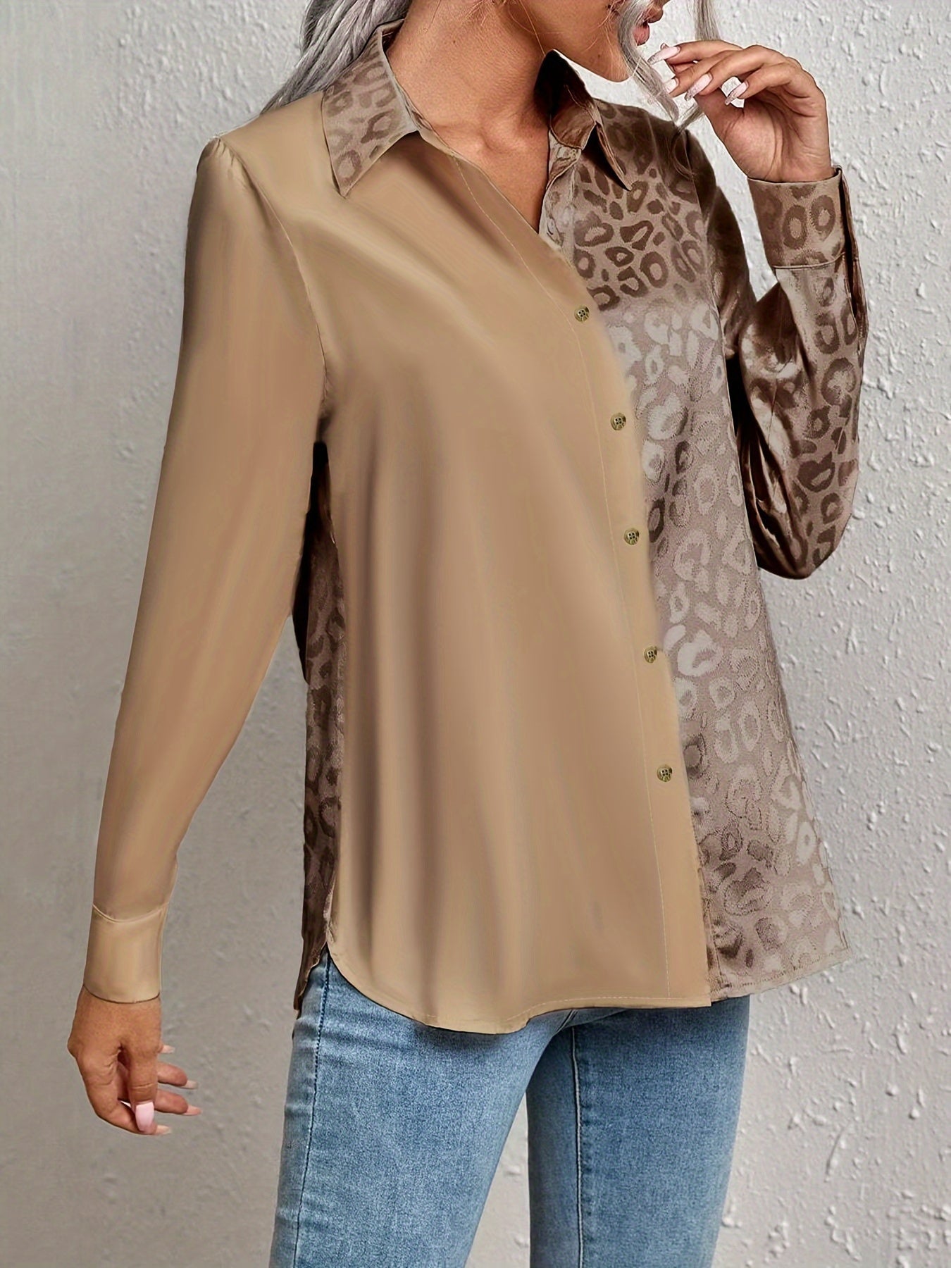 Gwendolyn – Two-Toned Satin Shirt with Leopard Print and Jacquard Button Placket