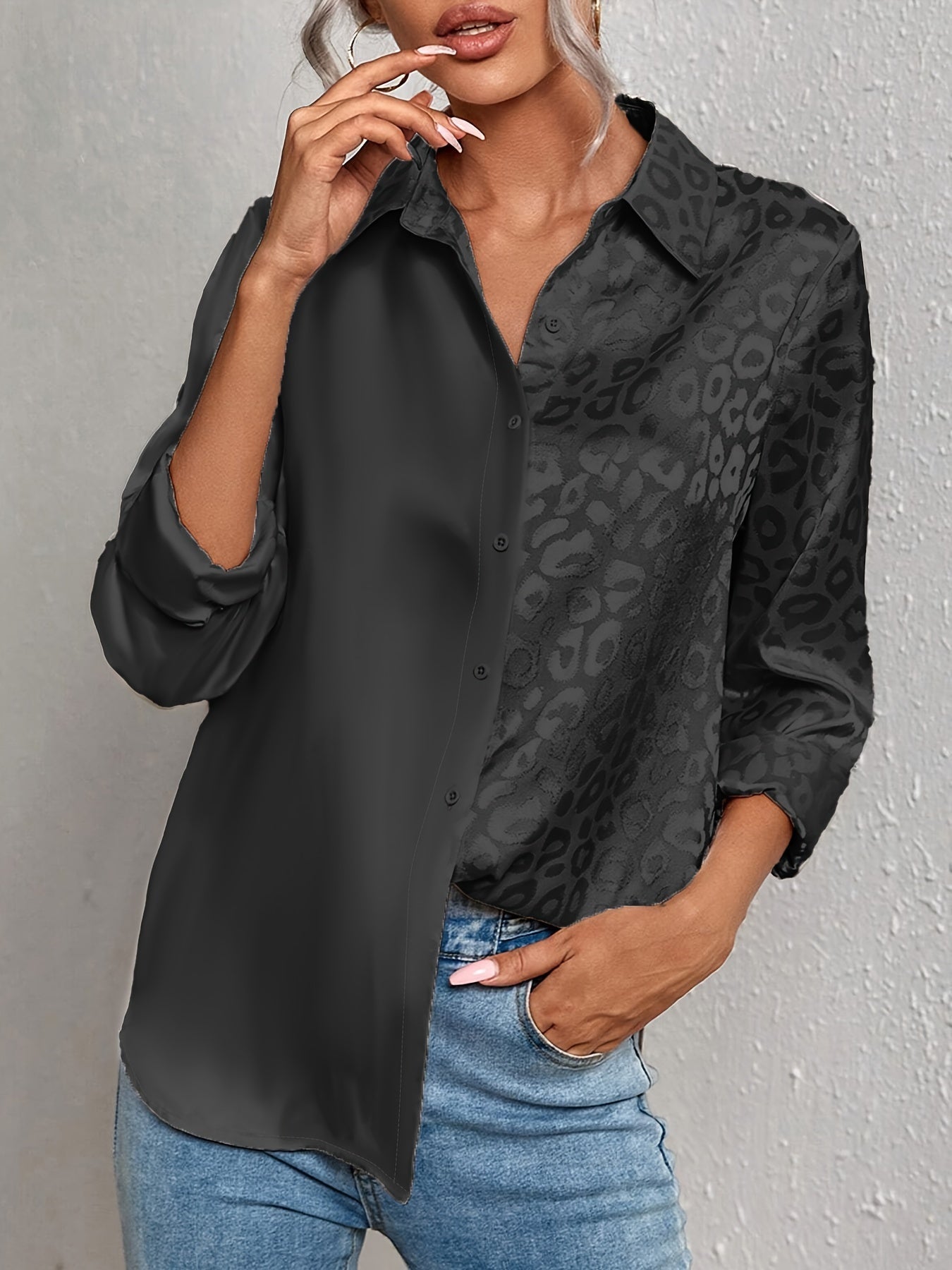 Gwendolyn – Two-Toned Satin Shirt with Leopard Print and Jacquard Button Placket
