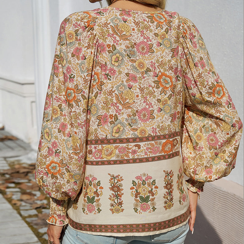 Katia - Fashionable Printed Long Sleeve Shirt with V-Neck