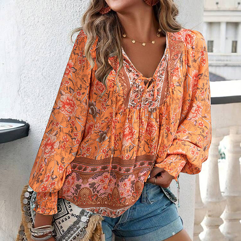 Katia - Fashionable Printed Long Sleeve Shirt with V-Neck
