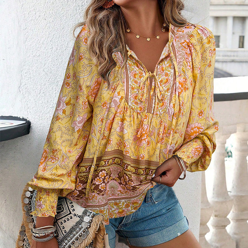 Katia - Fashionable Printed Long Sleeve Shirt with V-Neck