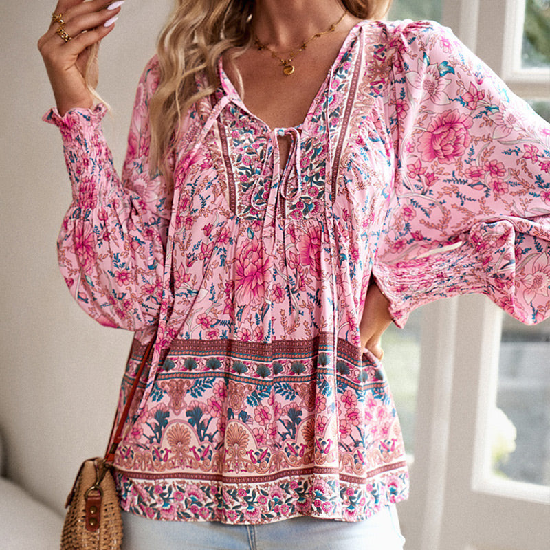 Katia - Fashionable Printed Long Sleeve Shirt with V-Neck