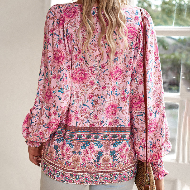 Katia - Fashionable Printed Long Sleeve Shirt with V-Neck