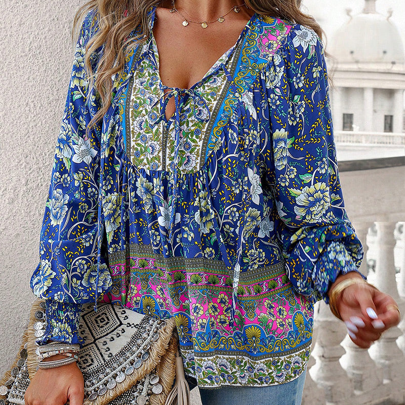 Katia - Fashionable Printed Long Sleeve Shirt with V-Neck