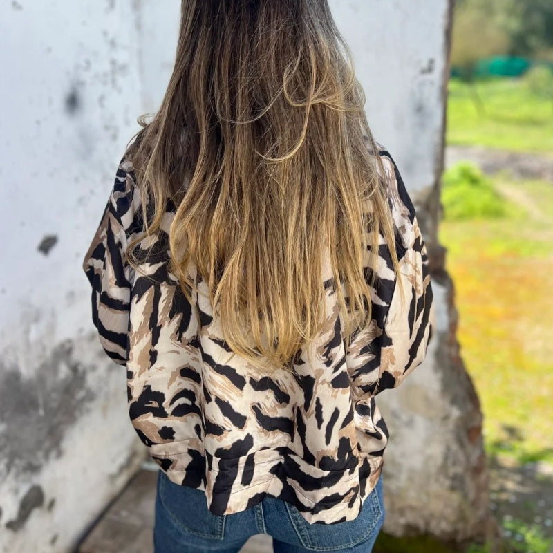 Leezi - Zebra Print Zip-Up Bomber Jacket
