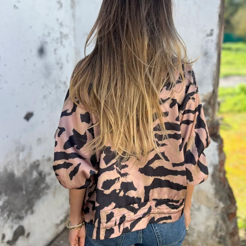 Leezi - Zebra Print Zip-Up Bomber Jacket