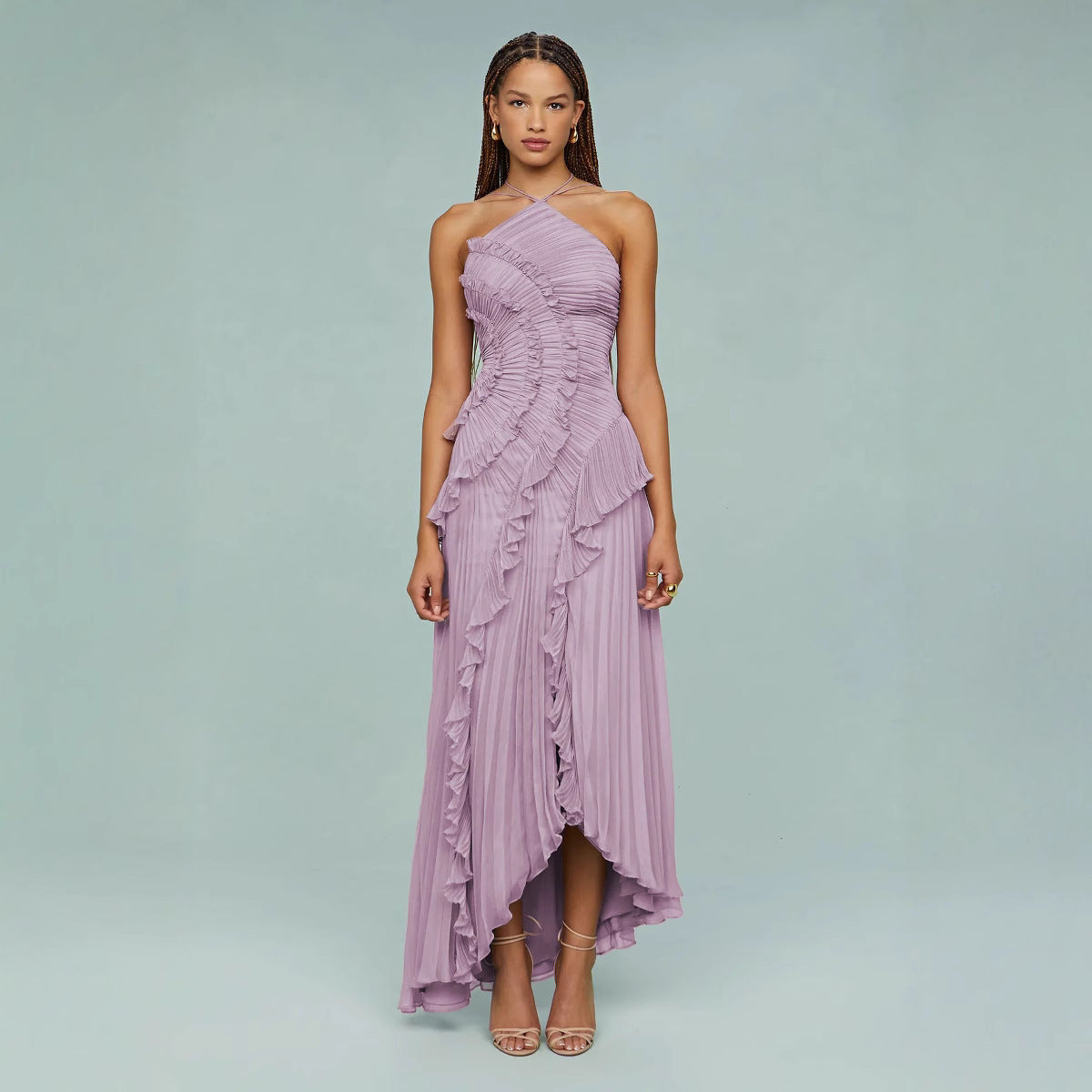 Maraike – Maxi Dress with Pleated Ruffle Halter Neckline