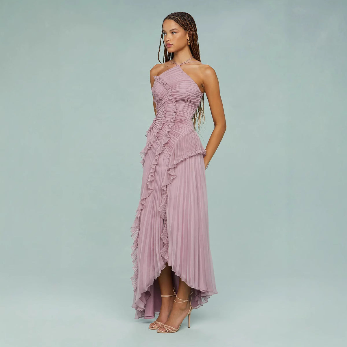 Maraike – Maxi Dress with Pleated Ruffle Halter Neckline
