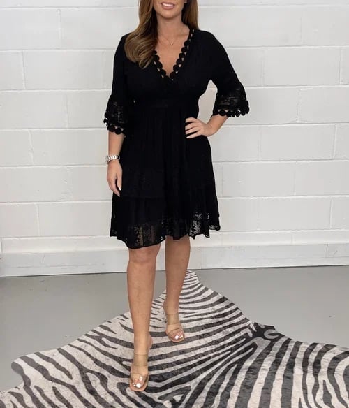 Meghan - Lace Dress with Embroidered V-Neck
