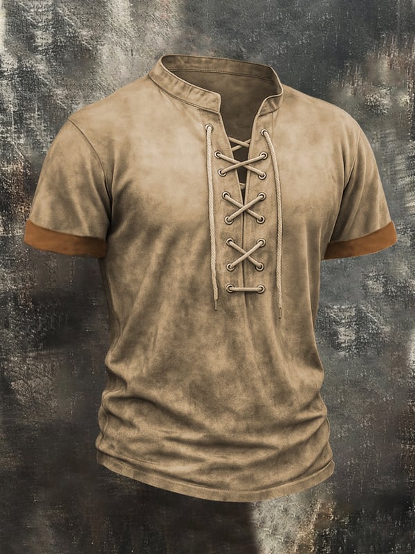 Men's T-Shirt with Worn-Out Vintage Look and Drawstring