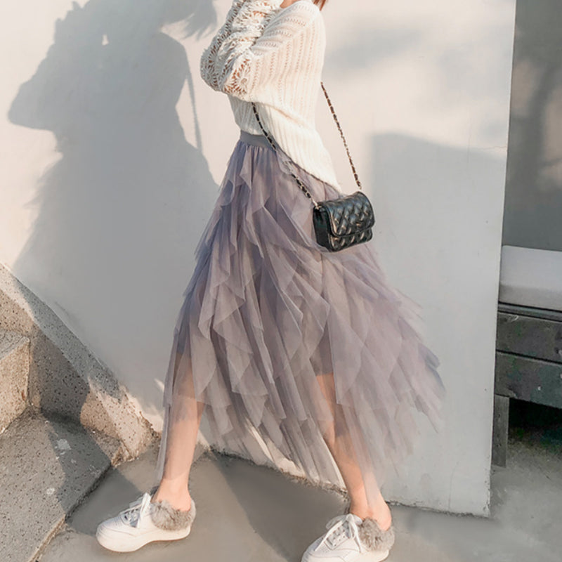 Nadeene - Irregular and Elegant Long Skirt with Ruffles
