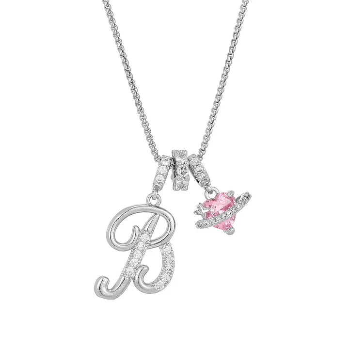 Nerute - Pendant with Initial and Pink Heart Charm