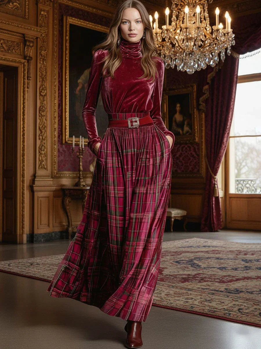 Nivaeh – Festive Retro Set with Turtleneck Sweater and Plaid Skirt