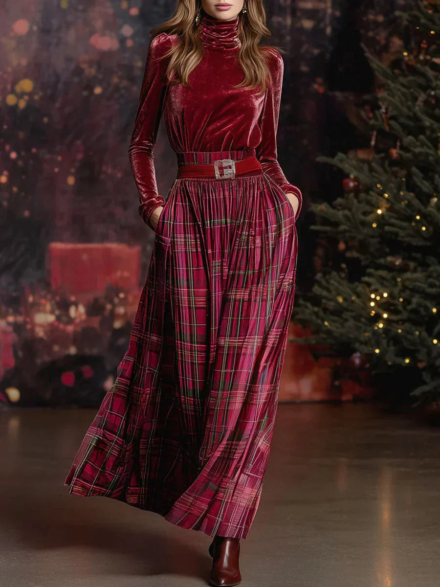 Nivaeh – Festive Retro Set with Turtleneck Sweater and Plaid Skirt