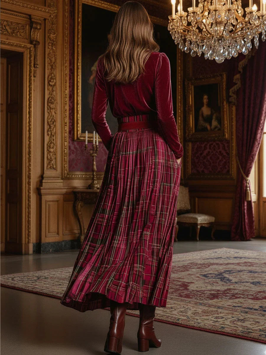 Nivaeh – Festive Retro Set with Turtleneck Sweater and Plaid Skirt
