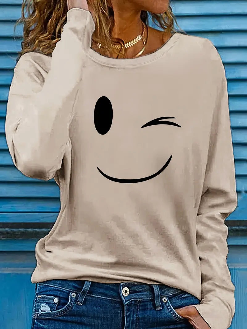 Odalina - Casual T-Shirt with Winking Smiley Print
