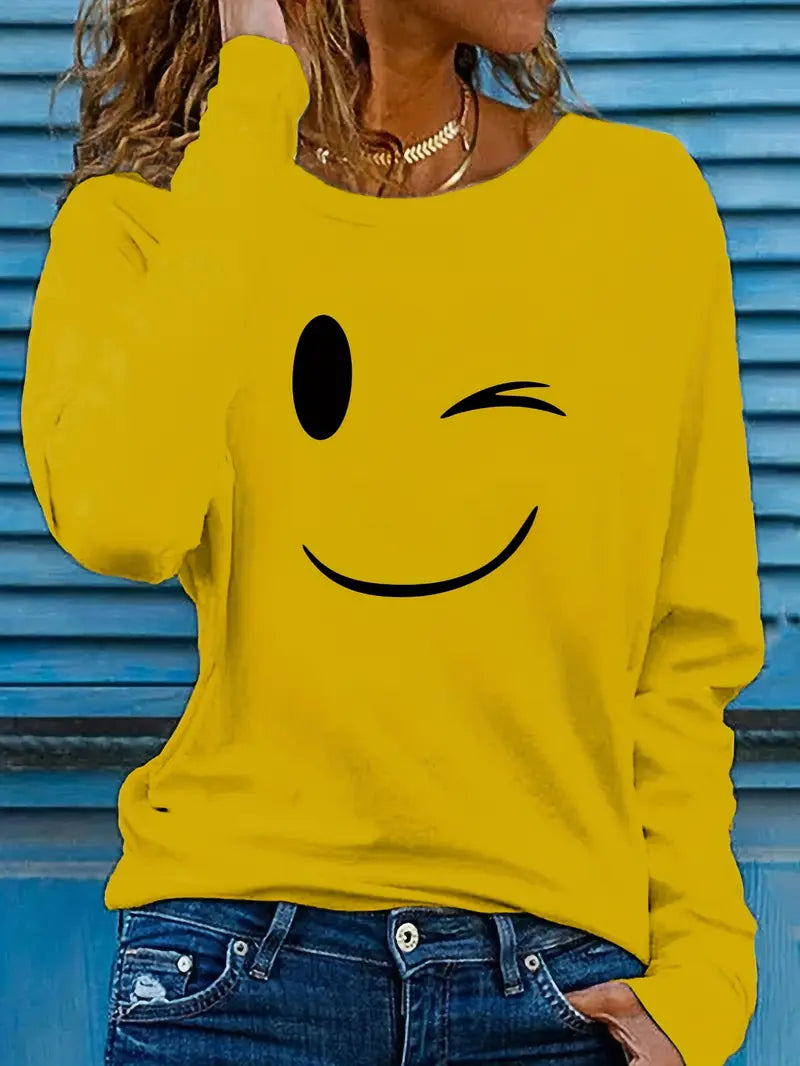 Odalina - Casual T-Shirt with Winking Smiley Print