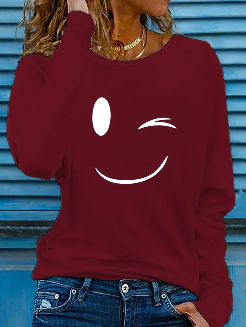 Odalina - Casual T-Shirt with Winking Smiley Print