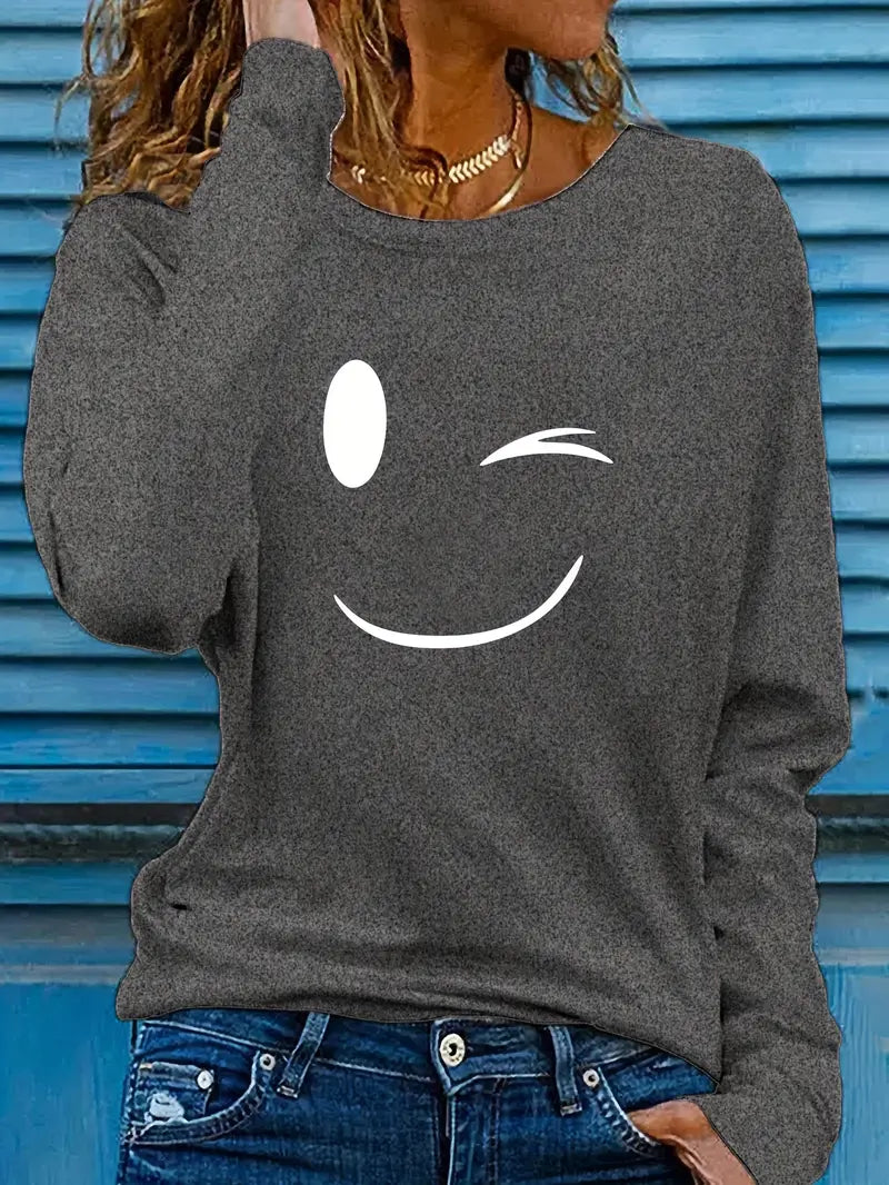 Odalina - Casual T-Shirt with Winking Smiley Print