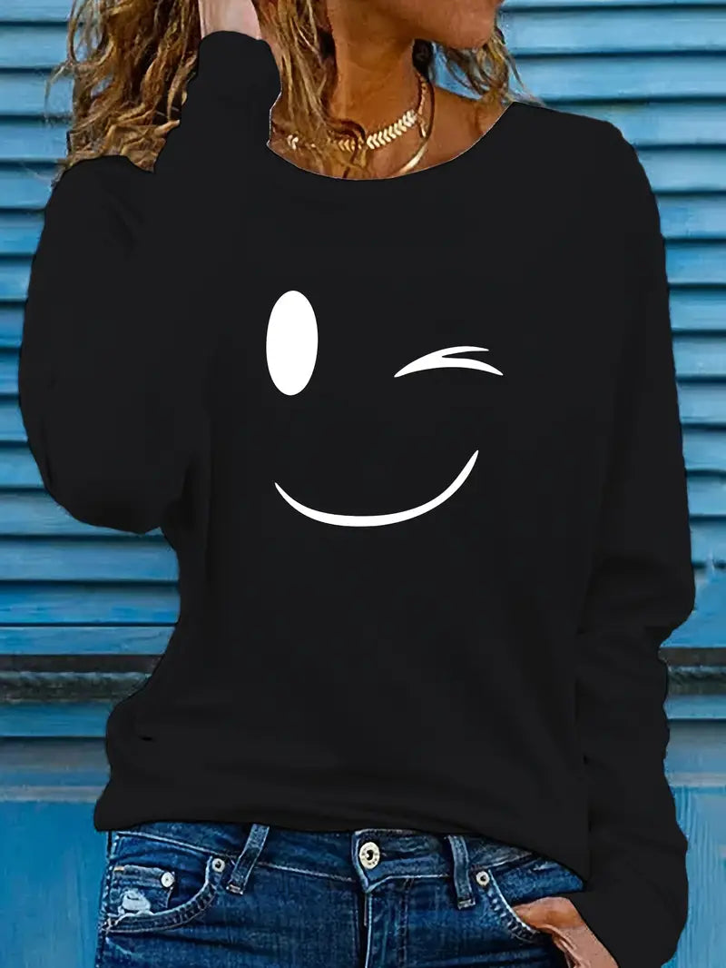 Odalina - Casual T-Shirt with Winking Smiley Print