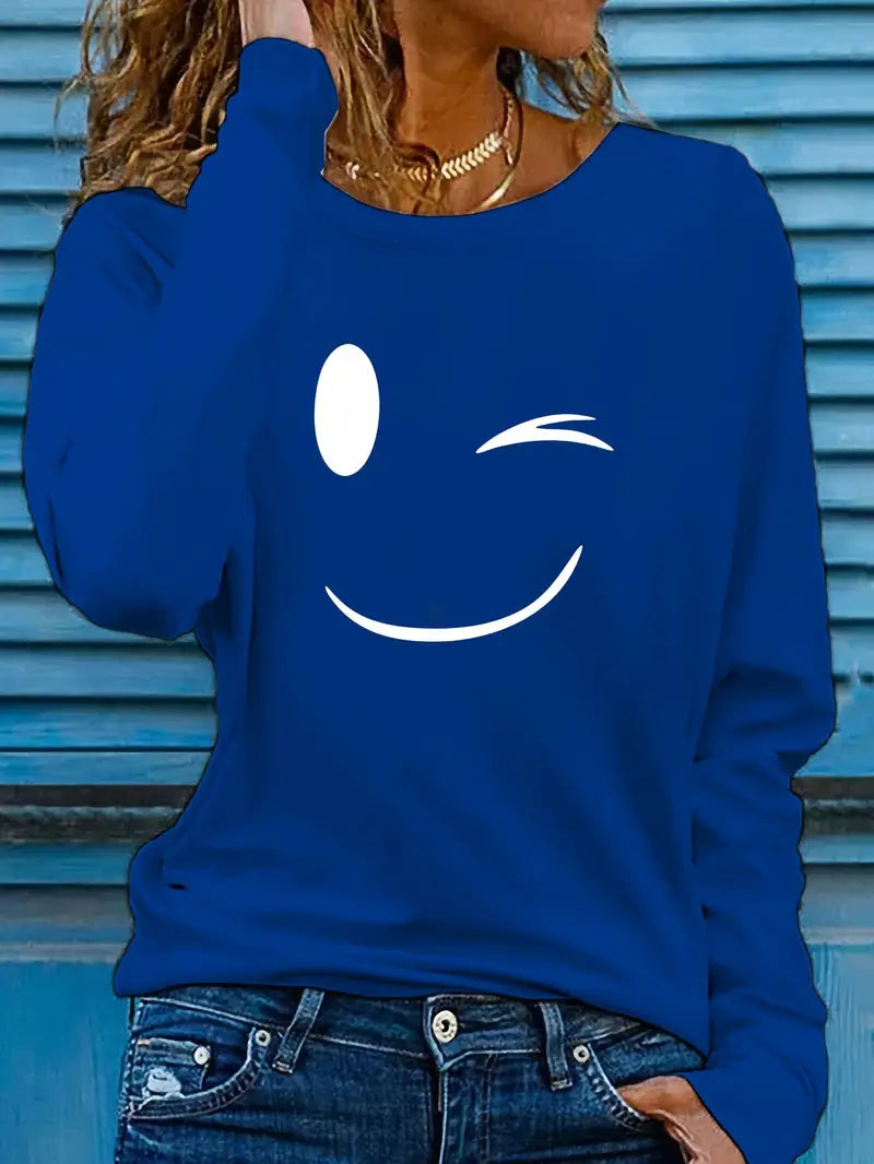 Odalina - Casual T-Shirt with Winking Smiley Print
