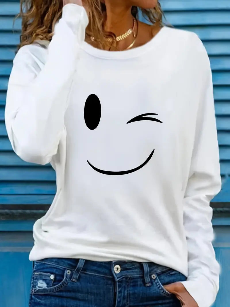 Odalina - Casual T-Shirt with Winking Smiley Print