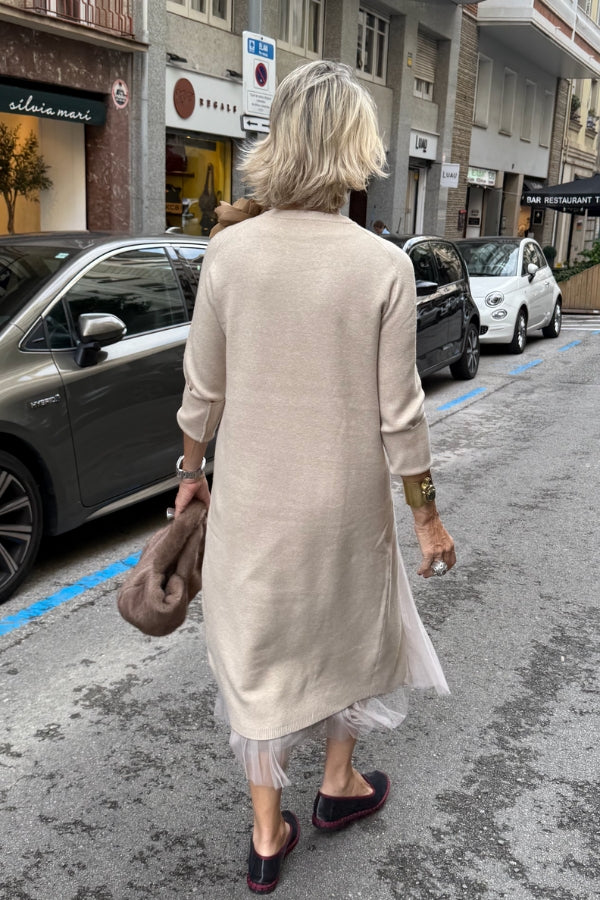 Oona – Tulle Dress with Draping and Long Knit Sweater