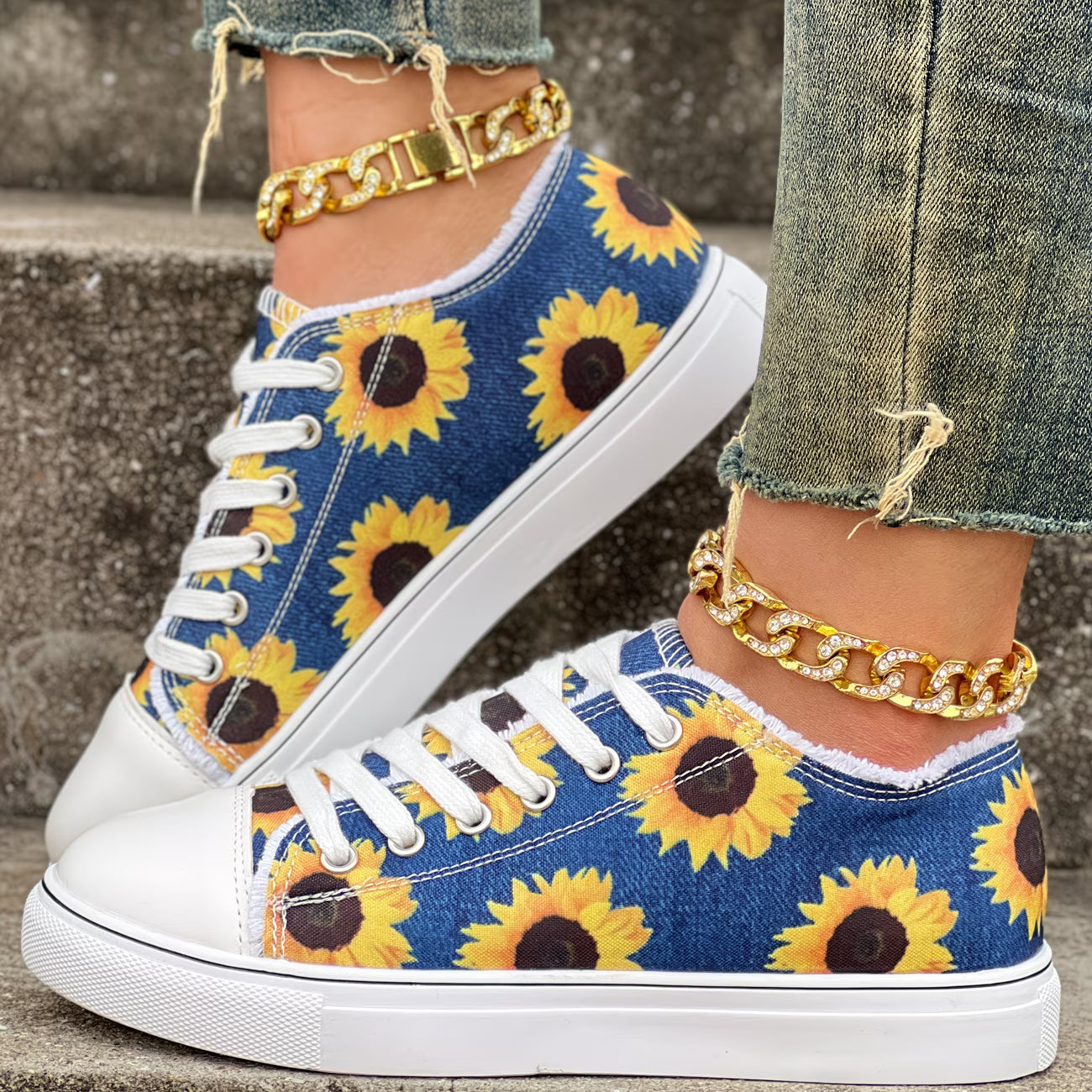 Portia - Sunflower Print Lace-Up Sneakers