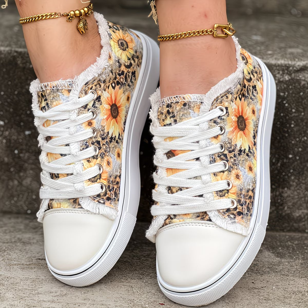 Portia - Sunflower Print Lace-Up Sneakers