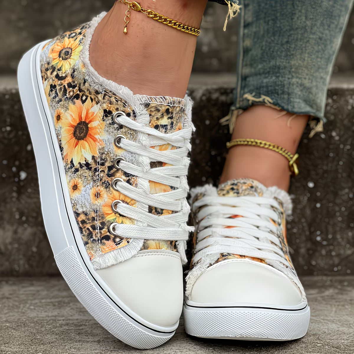Portia - Sunflower Print Lace-Up Sneakers